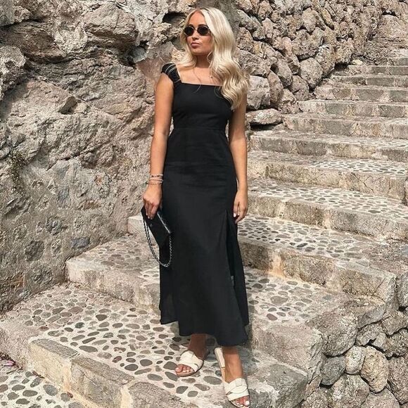 Zara Black Midi Dress with Lace-Up Back - Picture 2 of 13